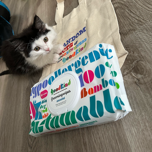 Black and white kitten lying next to a GOODKIND grooming wipe pack and a tote bag that says Random Acts of GOODKINDness