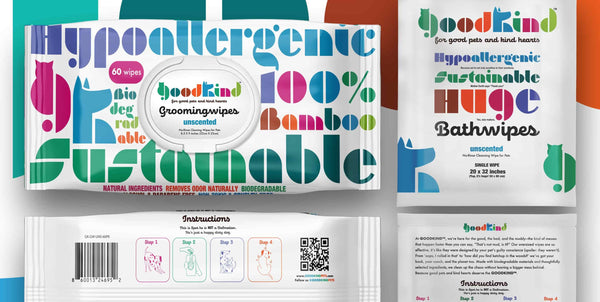 GoodKind grooming wipes packaging with colorful text and branding.