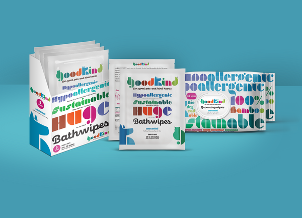 GOODKIND pet wipes Mixed Bundle shown on teal background – sustainable oversized and everyday grooming wipes for dogs.